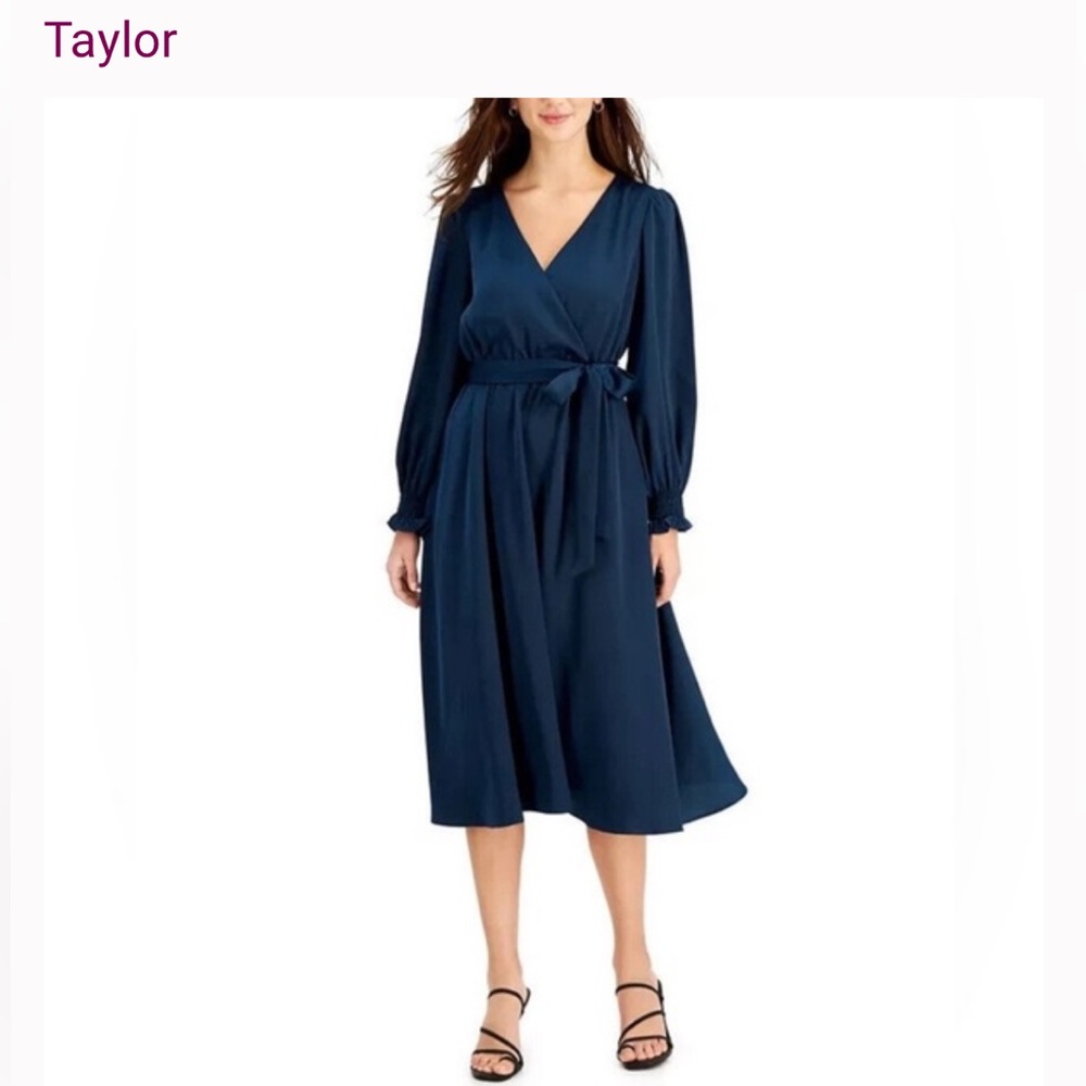 Taylor Women's Teal Long Sleeve satin faux wrap midi dress sash skirt size 22W